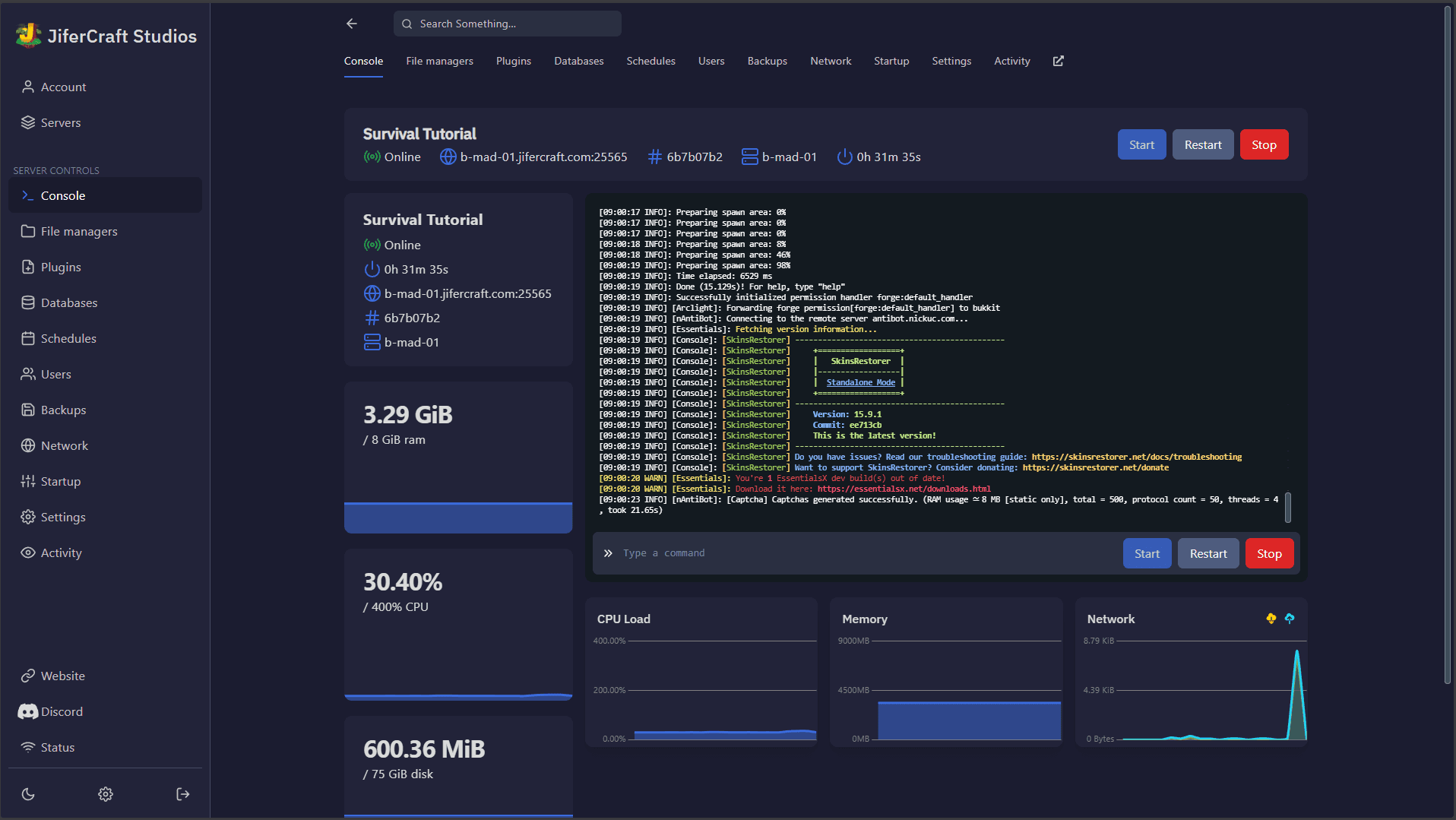 Panel de control Pterodactyl - Consola (modo oscuro)