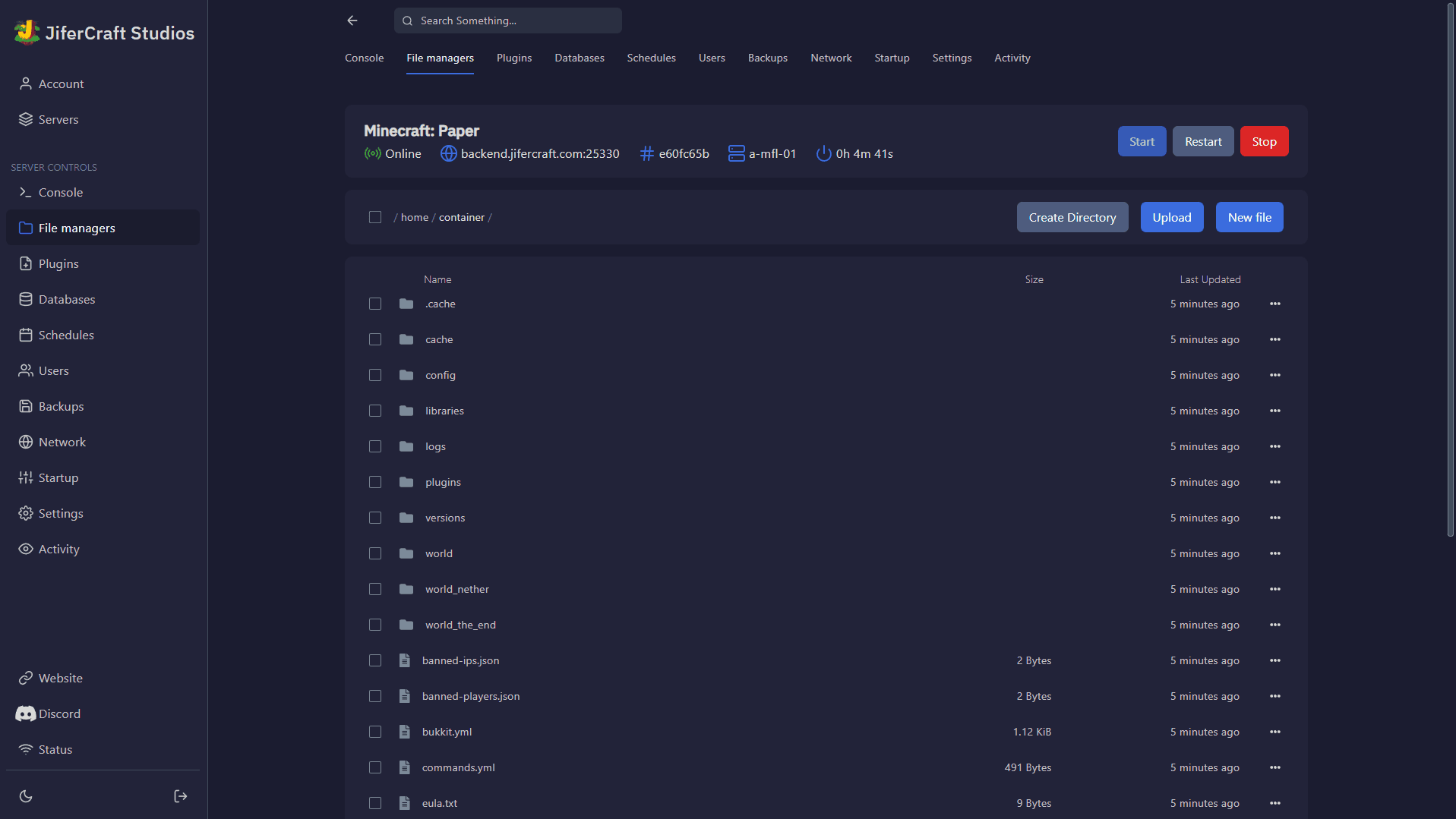 Panel de control Pterodactyl - Gestión de archivos (modo oscuro)