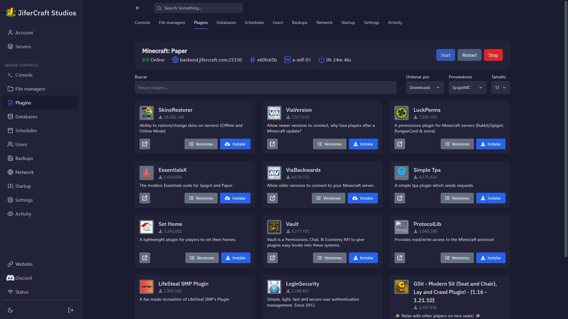 Panel de control Pterodactyl - Instalar Plugins de Minecraft (modo oscuro)