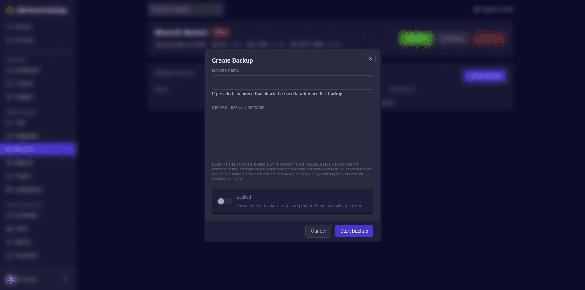 Panel de control Pterodactyl - Copias de seguridad (modo oscuro)